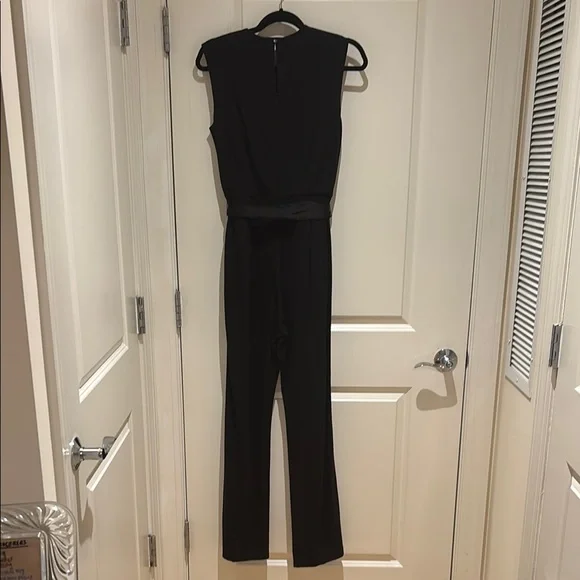 J. McLaughlin Classic Black Sleeveless Jumpsuit with Waist Tie and tuxedo stripe - Picture 4 of 5